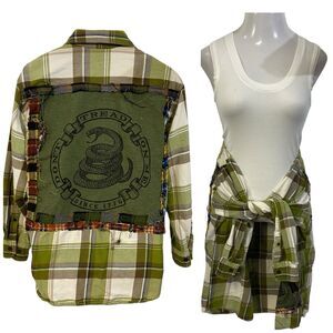 Upcycled Flannel Shirt Womens Large Green Snake Grunge Shacket Rock Concert Art